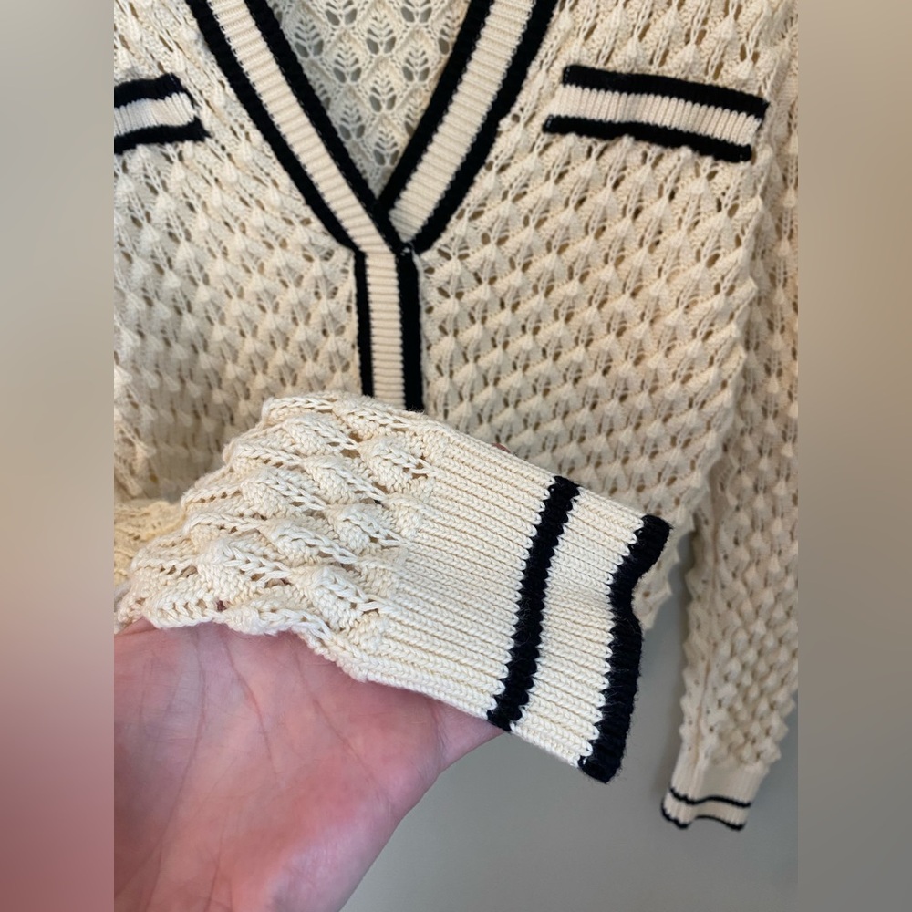 Heartloom Sybil Sweater Crochet Knit V Neck Ivory Size Small Preppy Cottagecore - Picture 8 of 16